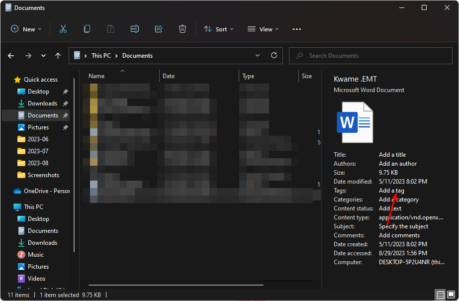 Поле «Добавить тег» в панели сведений Проводника