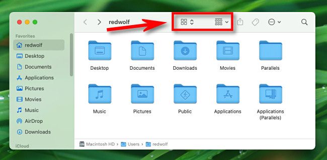 In Finder, use the icons in the top toolbar to change the view or sort your files.