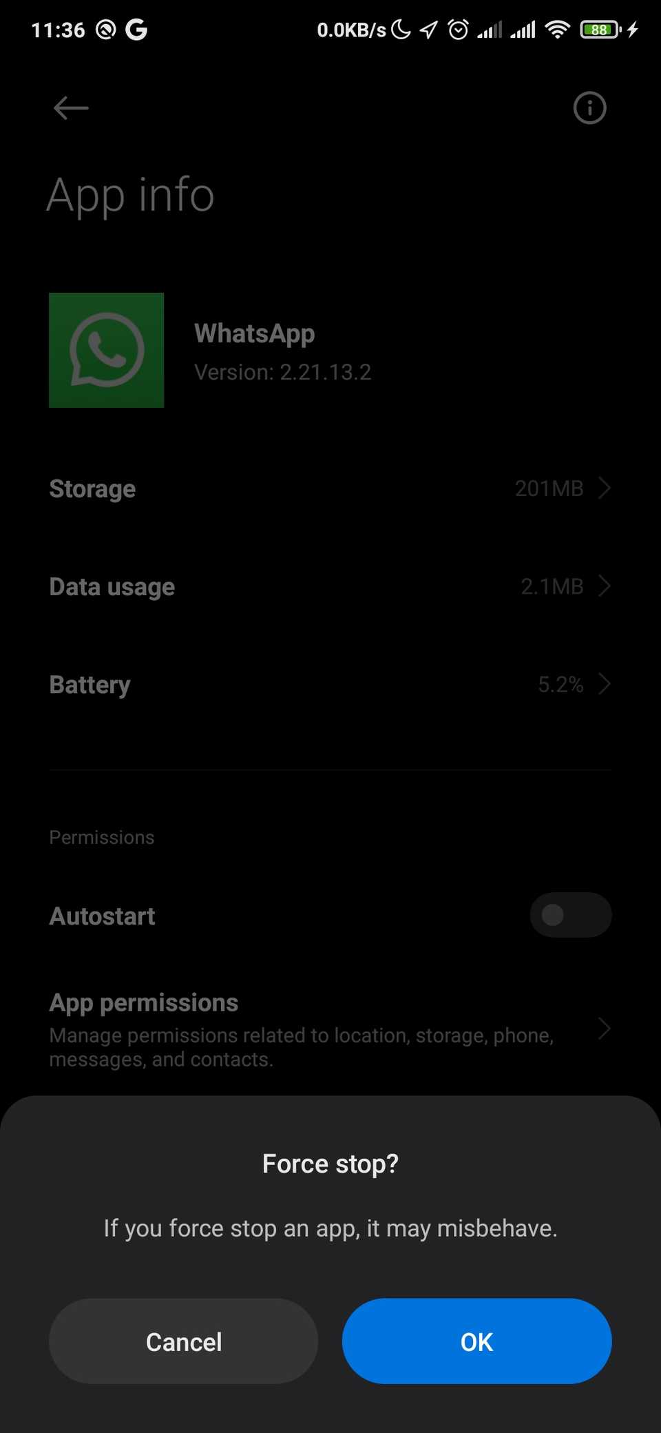 экран принудительной остановки WhatsApp на Android