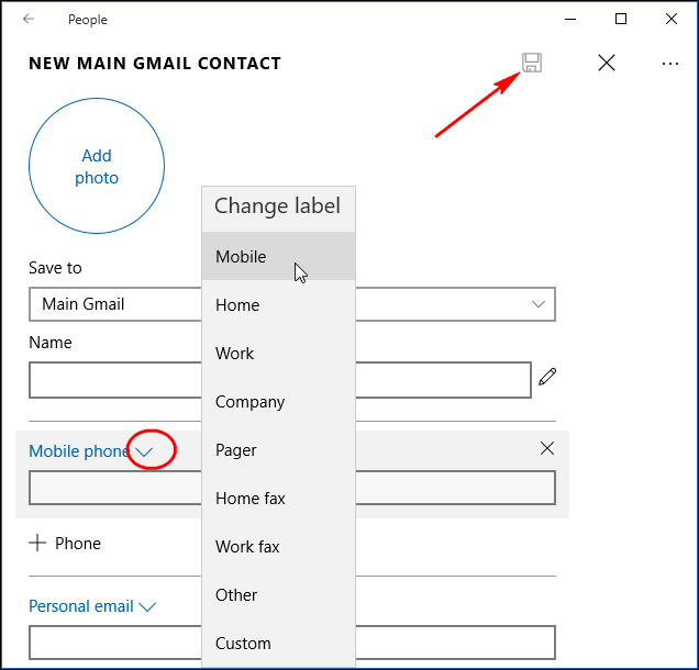 Formulaire avec champs de contact et options pour ajouter une photo