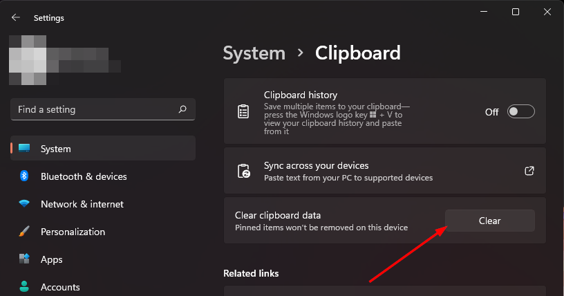 Кнопка очистки данных буфера обмена в Параметрах