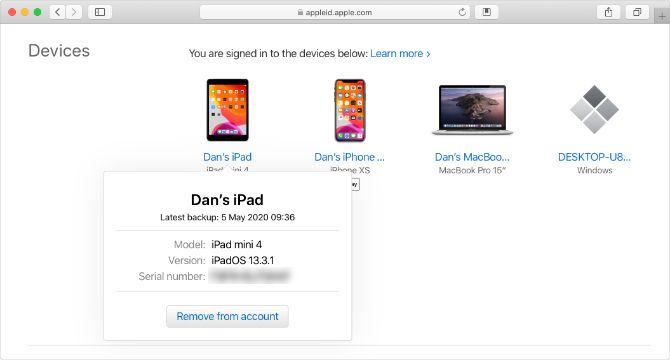 Apple ID website with iPad serial number