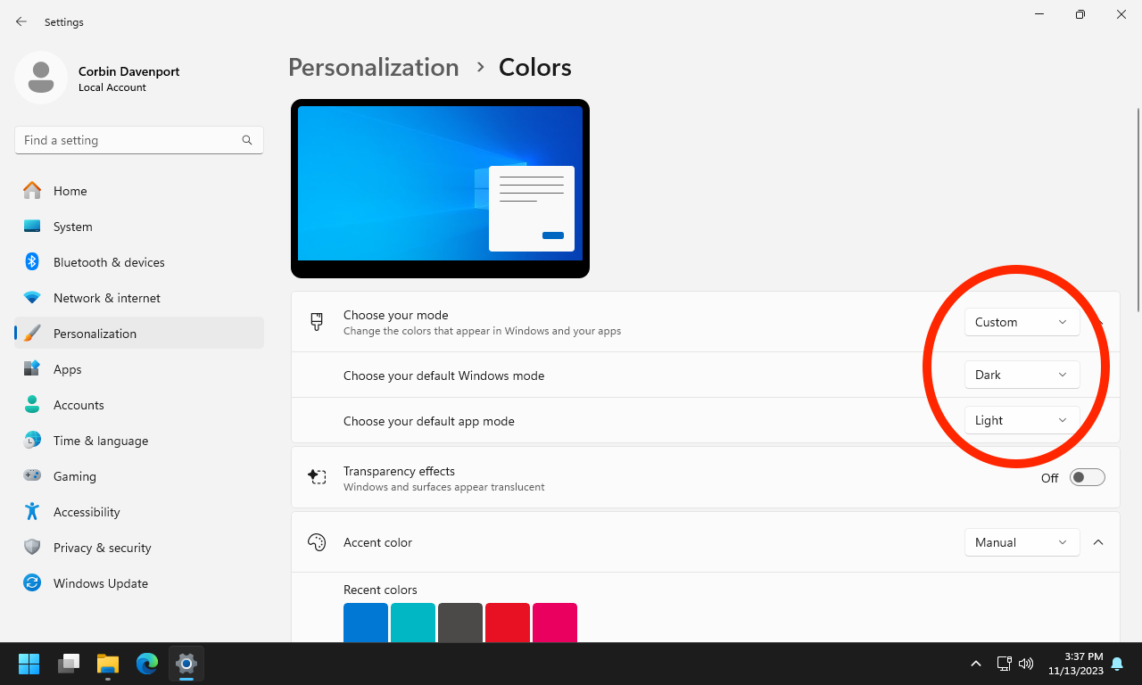 Параметры тем в Windows 11