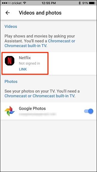 Опция связать Netflix с Google Home
