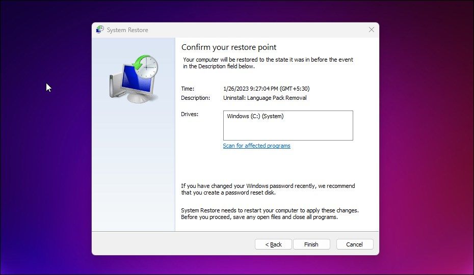 Завершение восстановления системы в Windows 11
