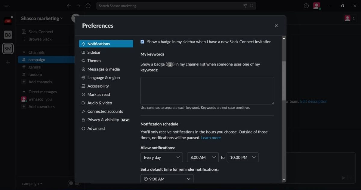 Скриншот Slack: настройка ключевых слов для уведомлений