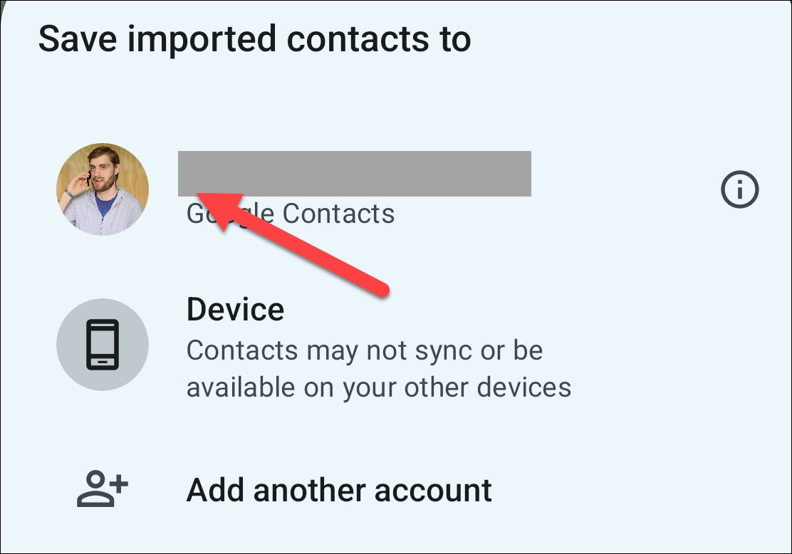 Выбор аккаунта или устройства для сохранения импортированных контактов