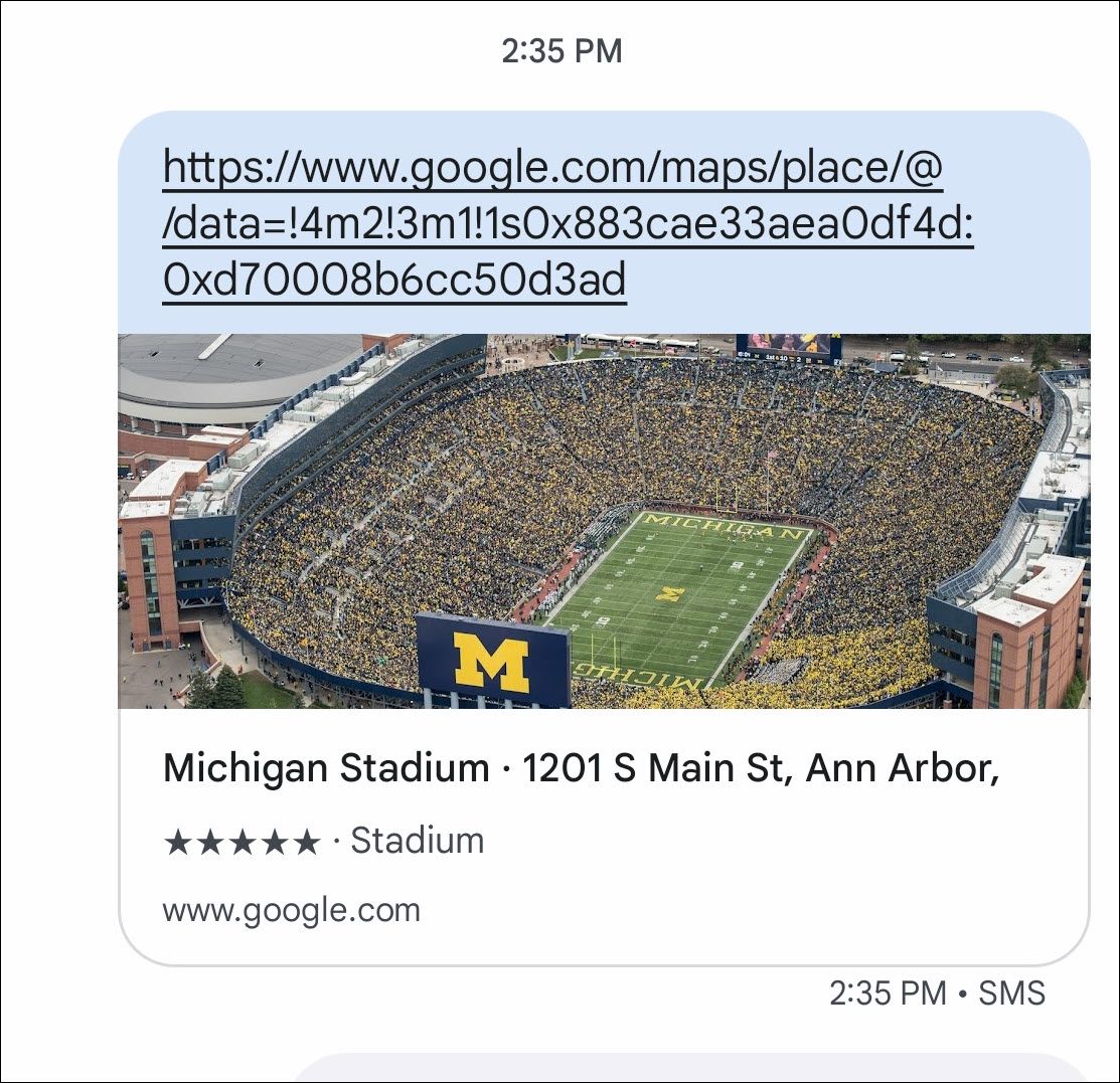 Сообщение с ссылкой на локацию в Google Maps.