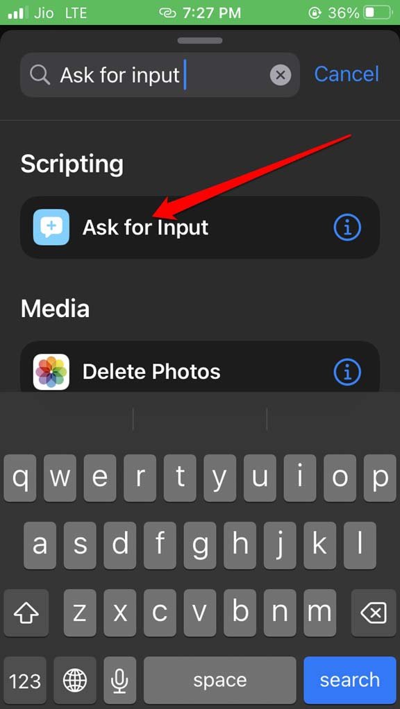 Выбор действия 'Запросить ввод' в Shortcuts