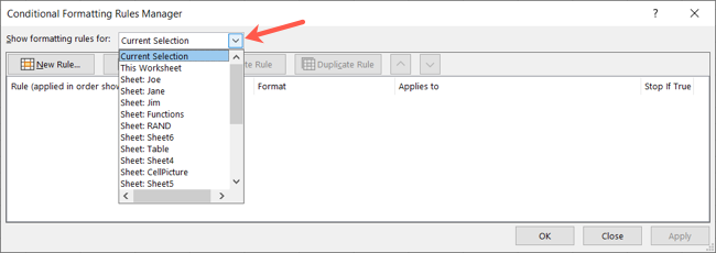 Выберите лист или текущее выделение для отображения правил