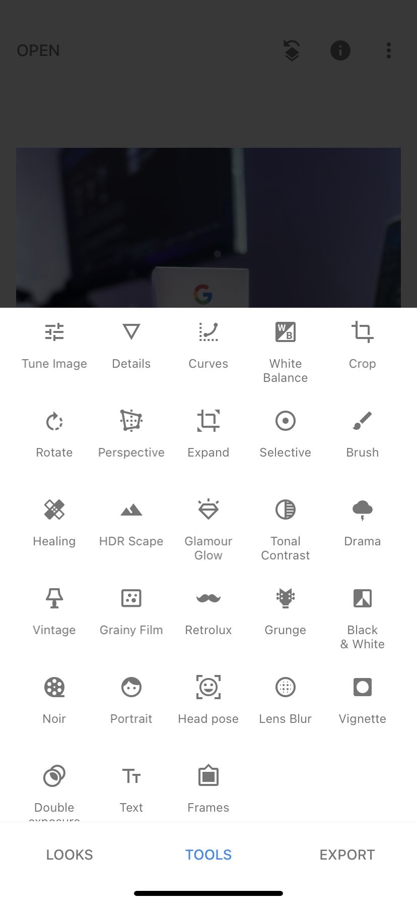 инструменты редактирования в Snapseed