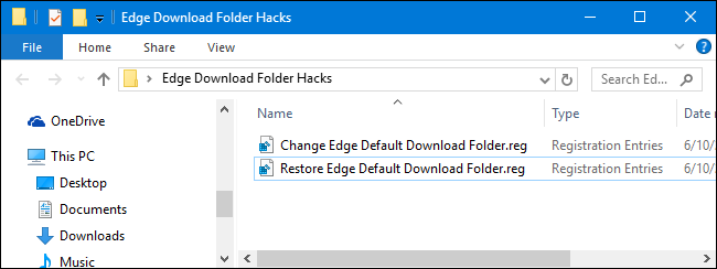 Архив с реестровыми хэками для смены папки загрузок Edge