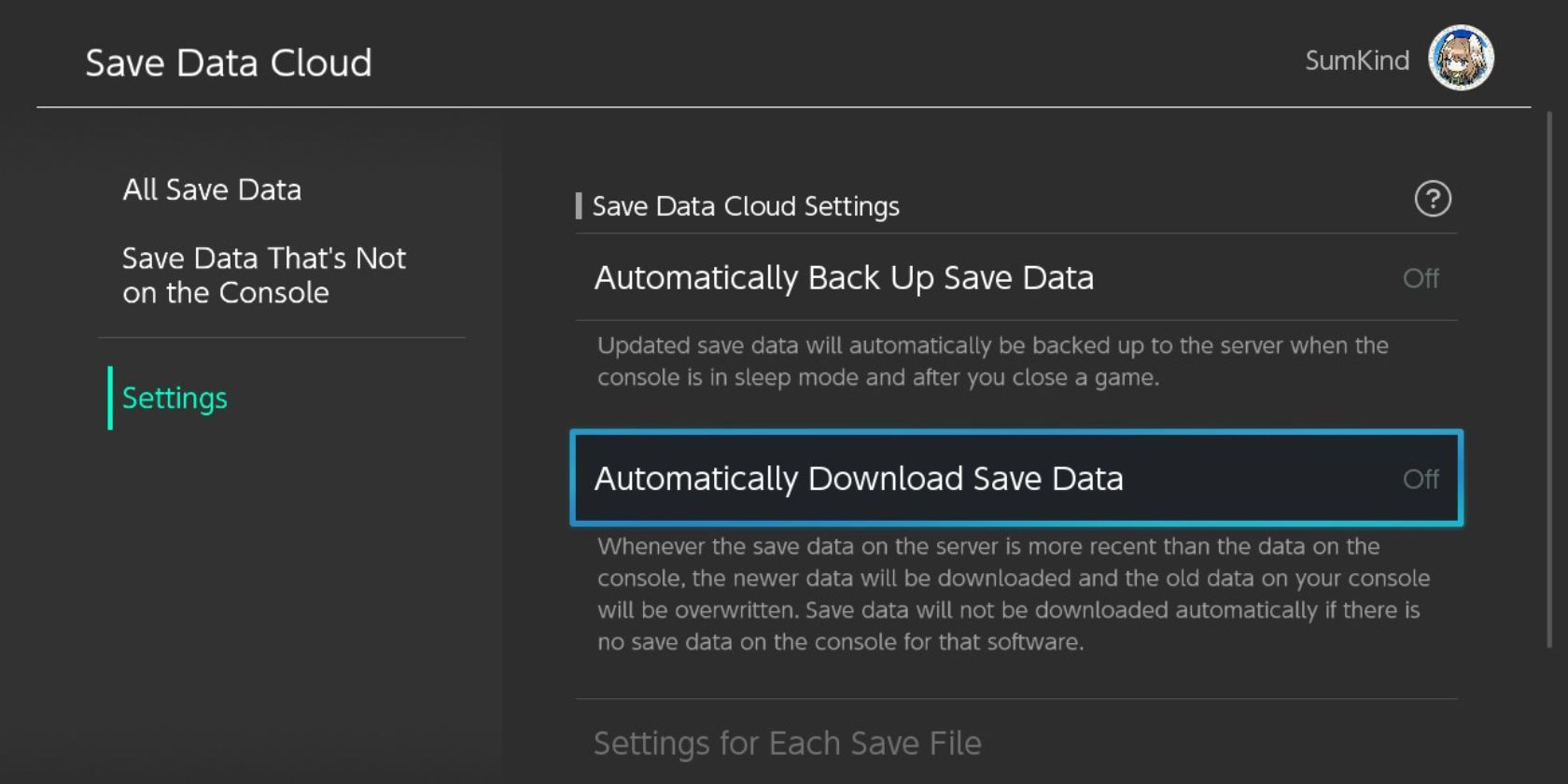 Снимок экрана: настройки «Сохранение данных в облаке» на Nintendo Switch