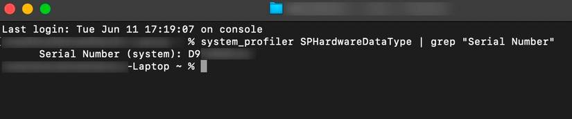 Терминал macOS с командой для получения серийного номера.