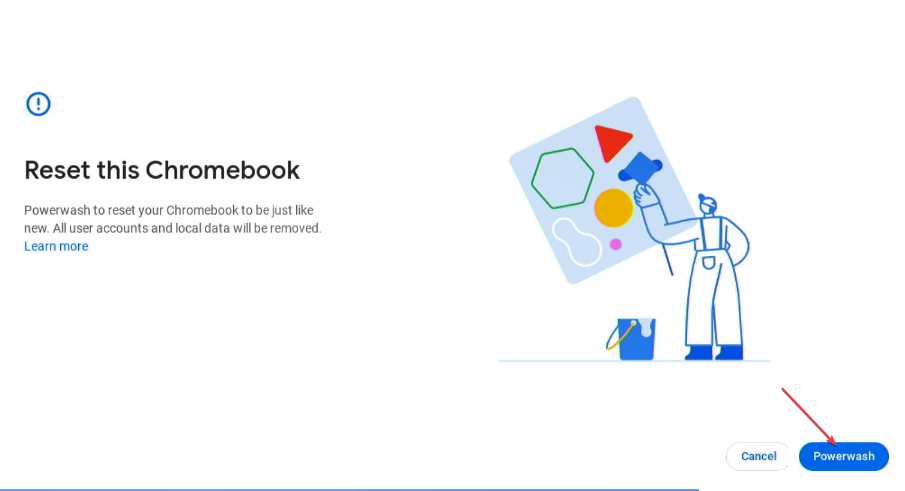 Диалог Powerwash для сброса Chromebook