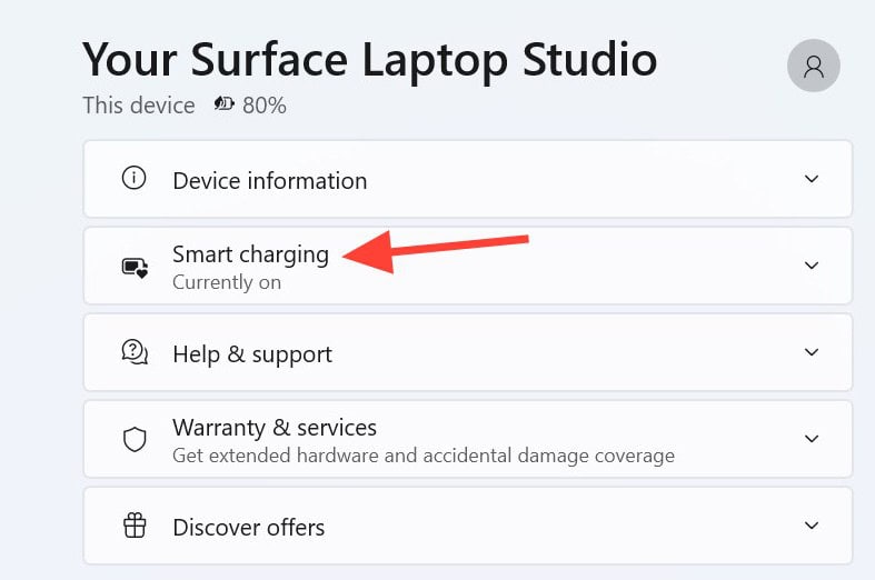 Скриншот выключения Smart Charging в настройках Windows