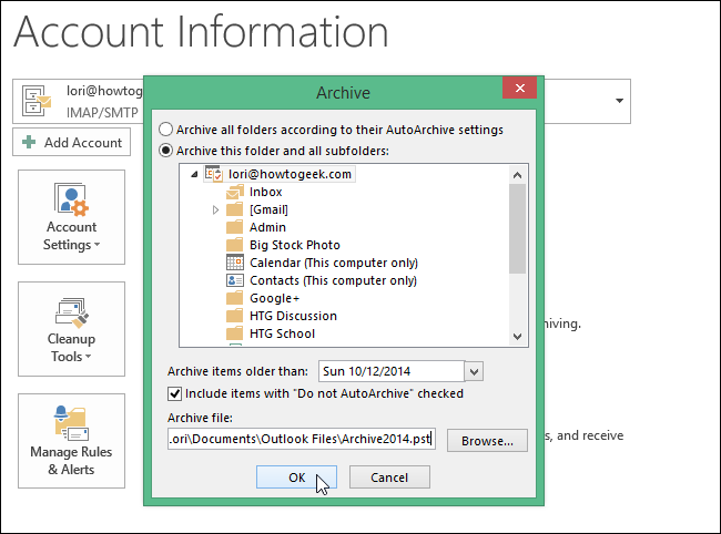 Созданный архивный файл .pst