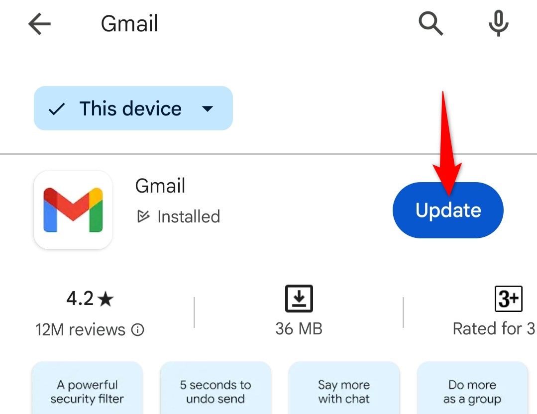 'Кнопка Обновить для Gmail в Google Play Store выделена.'