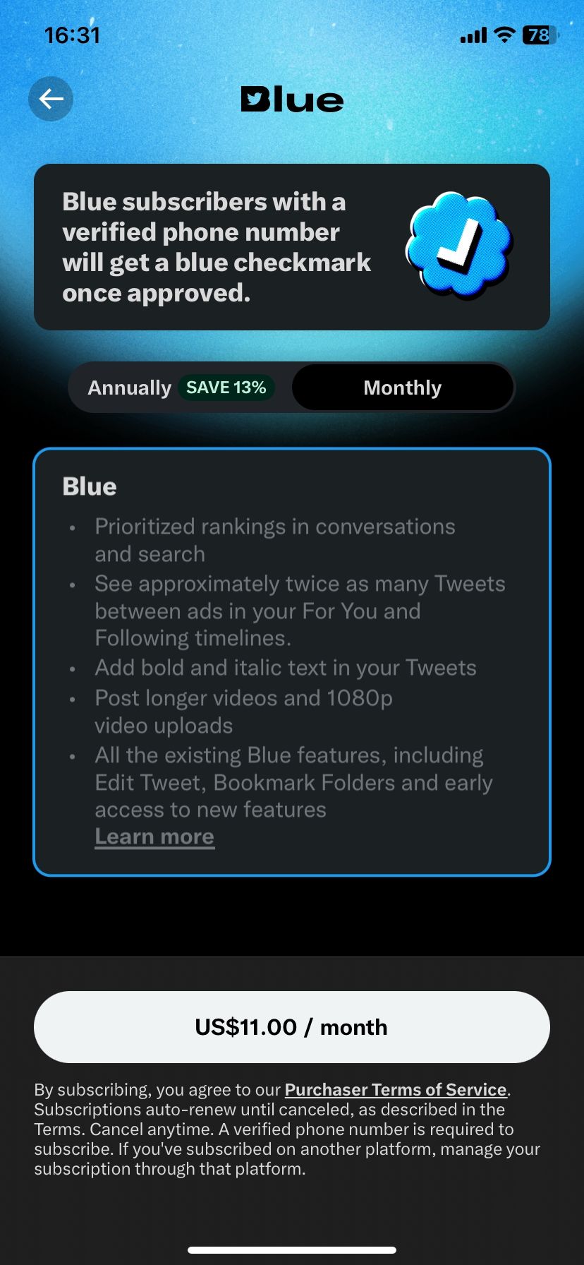 Страница тарифов Twitter Blue на мобильном