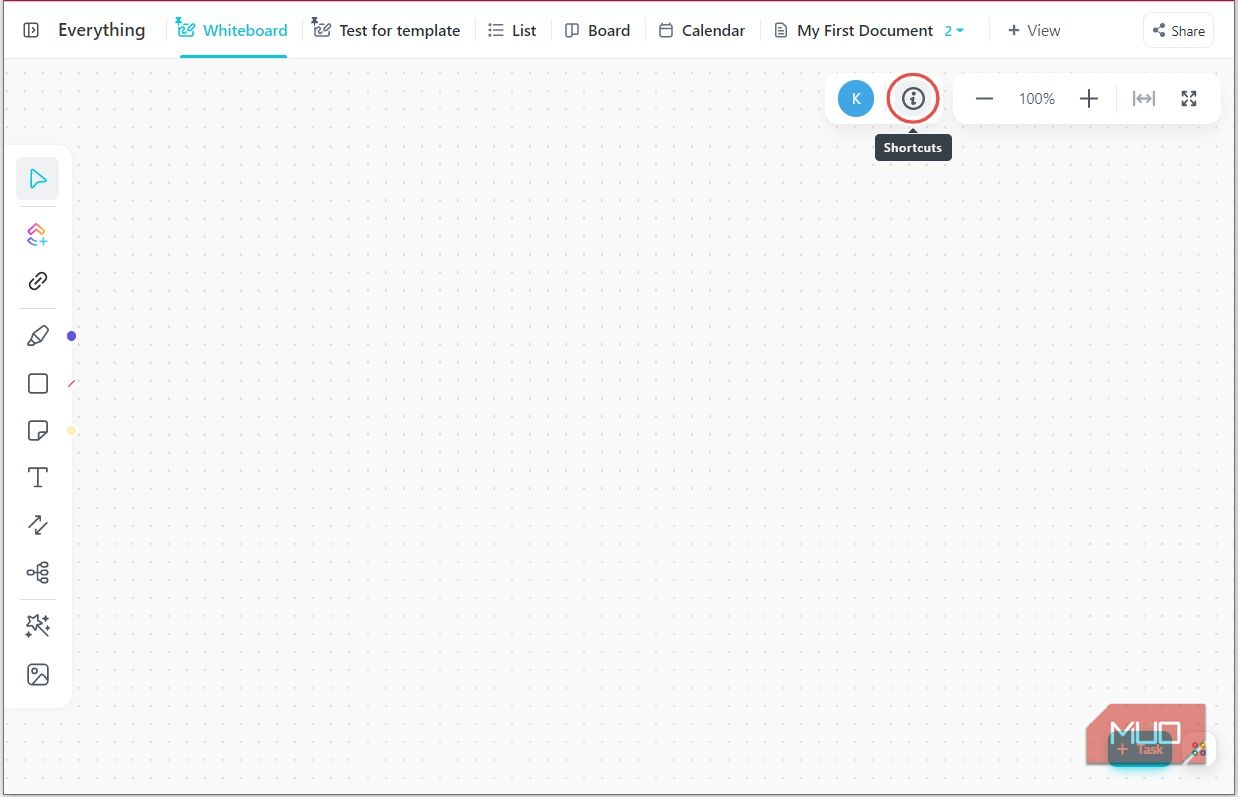 Иконка горячих клавиш в ClickUp Whiteboard