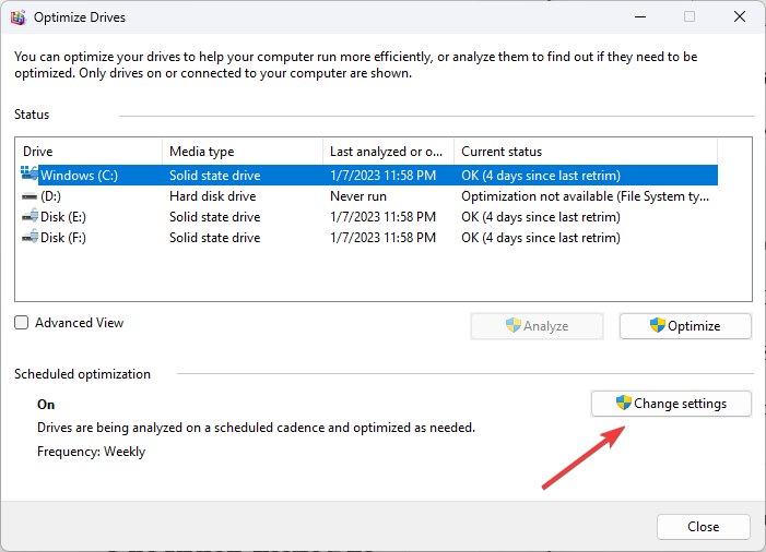 Кнопка Change settings для оптимизации дисков