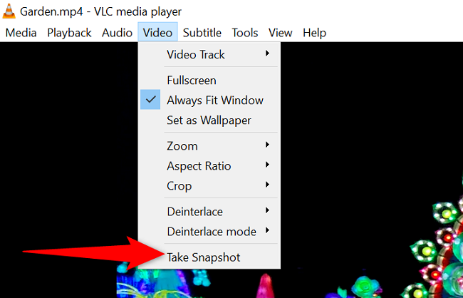 Выберите Video > Take Snapshot в строке меню.