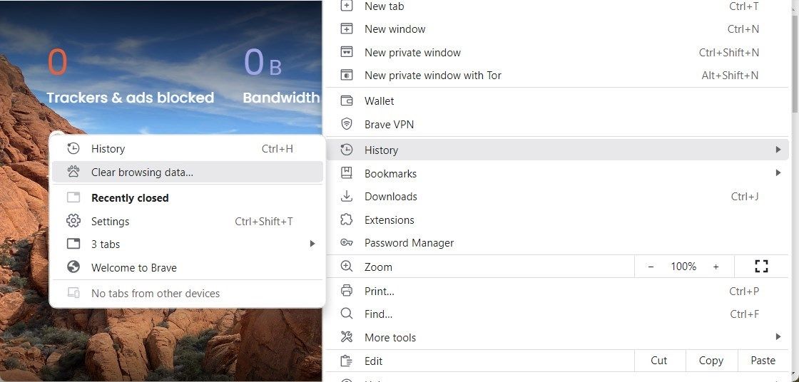 Окно очистки данных в Brave на вебе