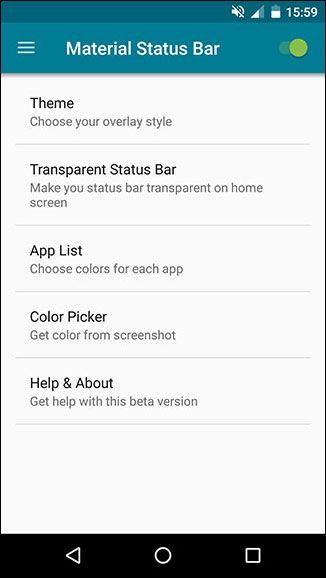 Интерфейс приложения Material Status Bar — главный переключатель включён