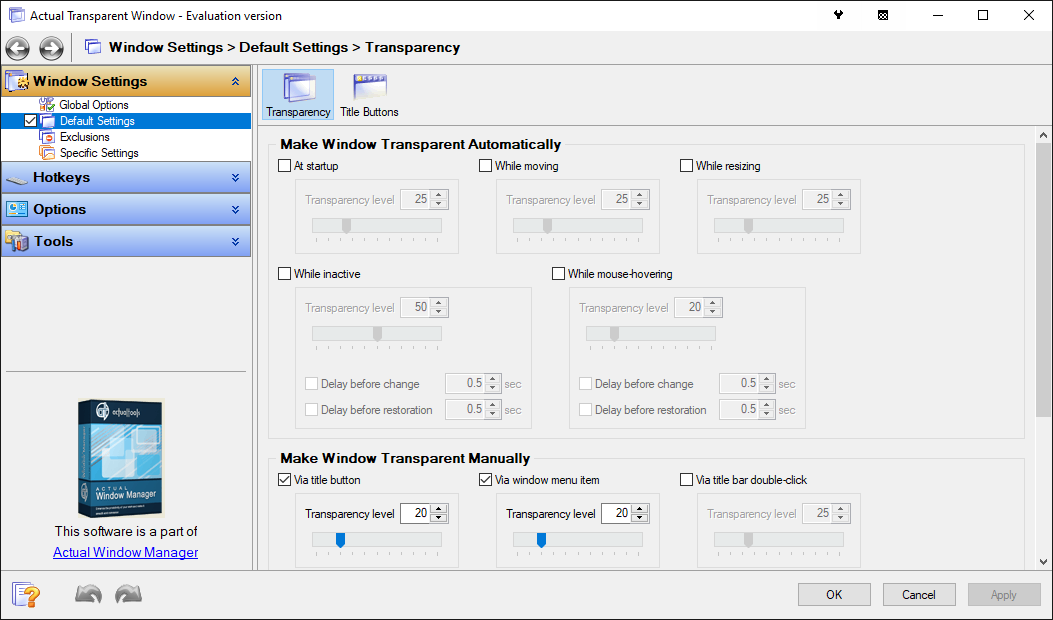 Панель Actual Transparent Window с автоматическими правилами прозрачности