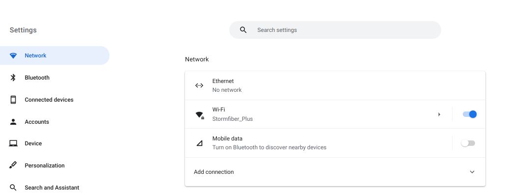 Выбор раздела Сеть в боковой панели настроек Chromebook