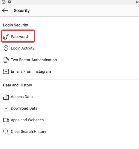 Экран смены пароля в Instagram