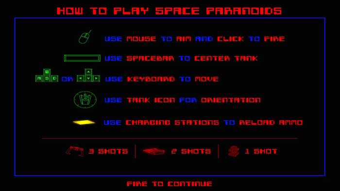 Поле с инструкциями и подсказками для управления в Space Paranoids