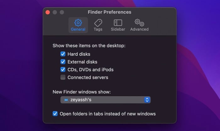 Вкладка Общие в настройках Finder