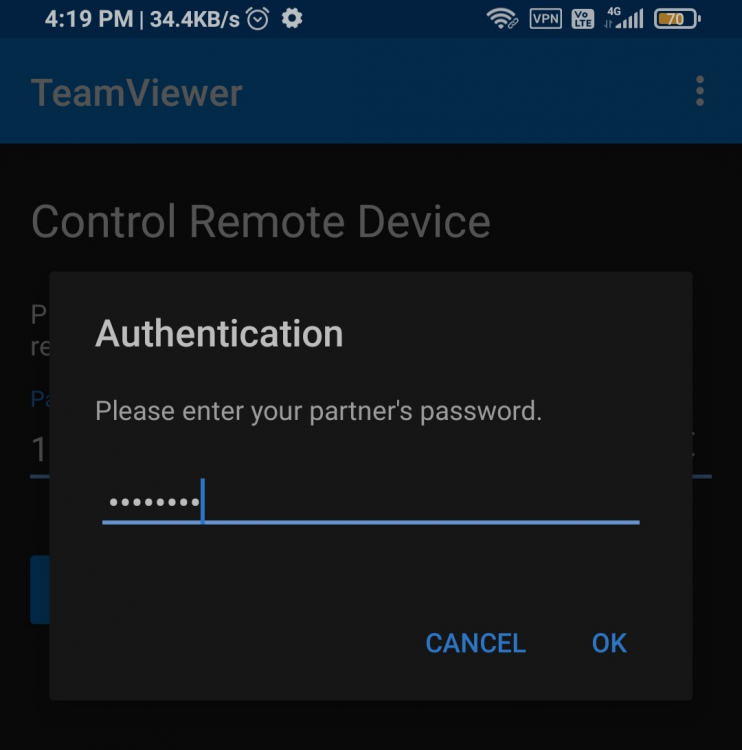 Ввод пароля партнёра в мобильном приложении TeamViewer