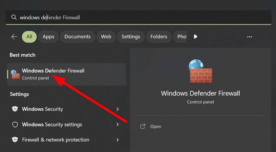 Окно настроек брандмауэра в Windows
