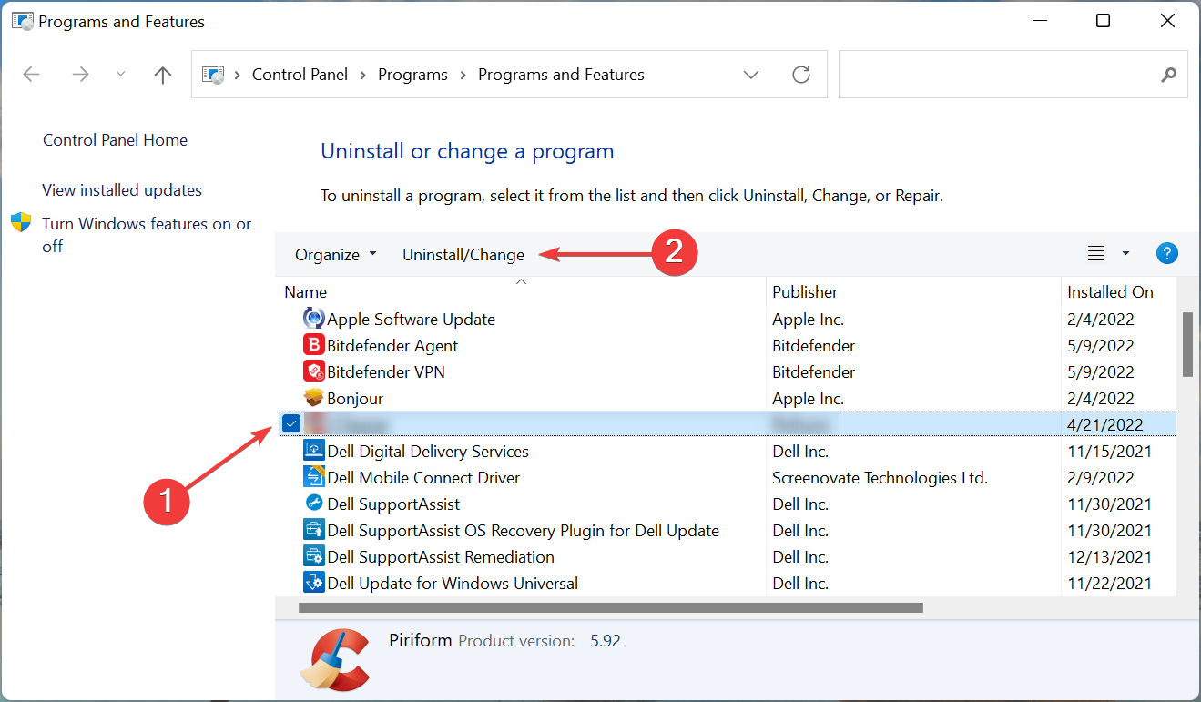 Снятие установки программы через Панель управления