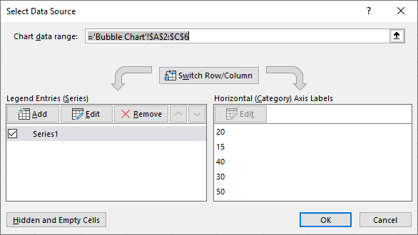 Окно выбора источника данных для диаграммы