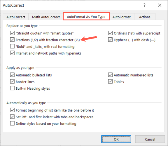 Автоформат дробей в Word на Windows флажок установлен