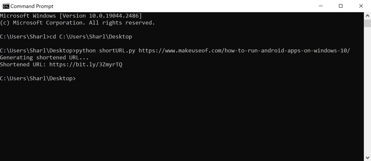 Command line with shortened link