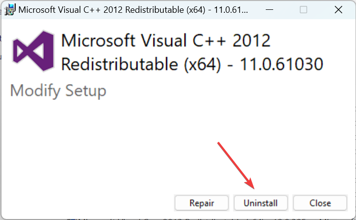 Удаление пакета Visual C++