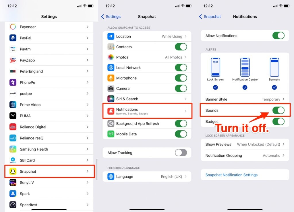 Ajustes de notificaciones en iPhone para desactivar el sonido de Snapchat