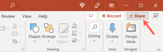 Кнопка Поделиться в PowerPoint