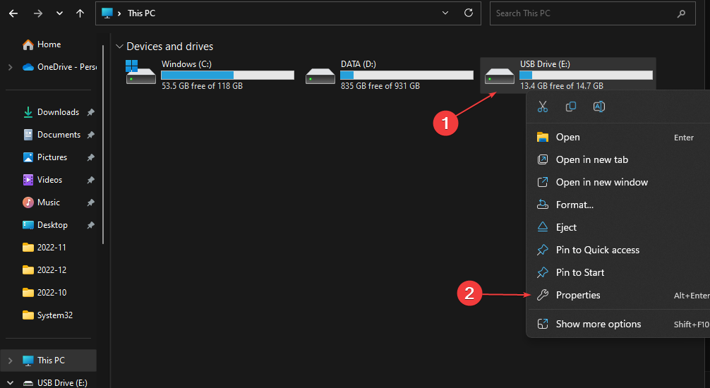 Контекстное меню флеш‑накопителя в Проводнике — пункт Свойства