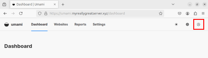 Скриншот, показывающий расположение иконки профиля на панели Umami.