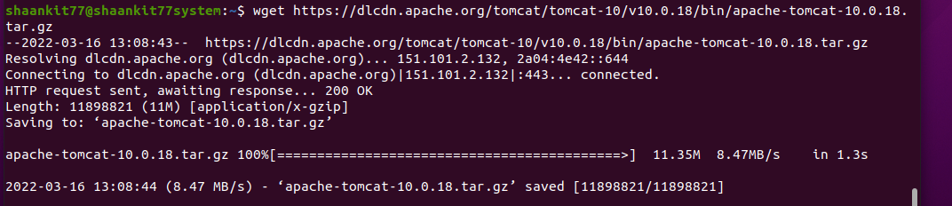 Окно терминала с командой загрузки Apache Tomcat