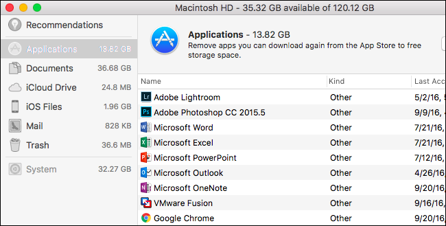 Список приложений с указанием занимаемого места