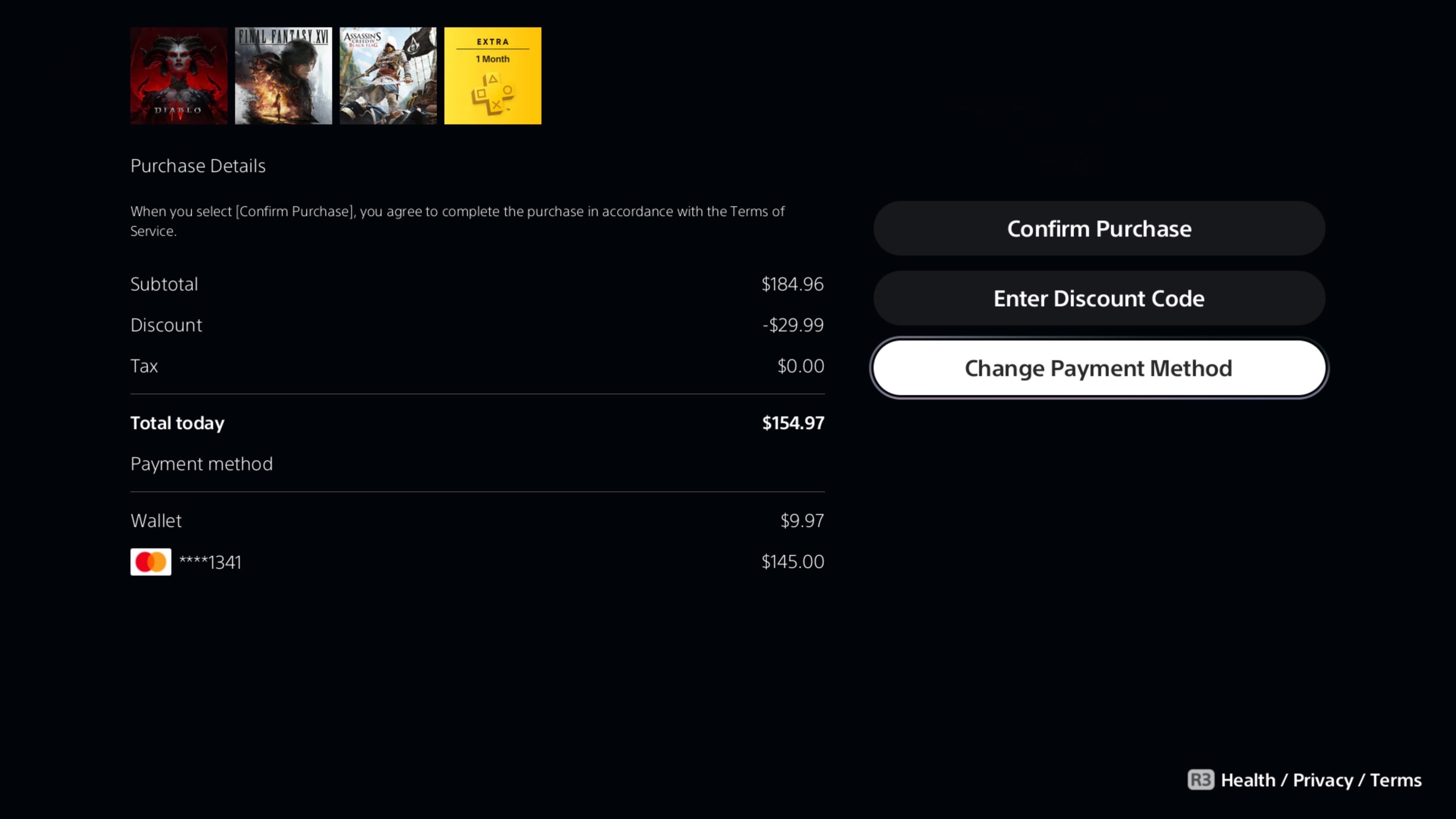 Параметры деталей покупки на PS5 с кнопкой для смены способа оплаты