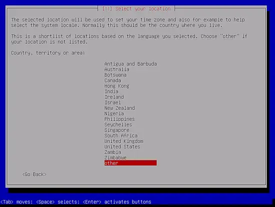 Выбор страны для установки
