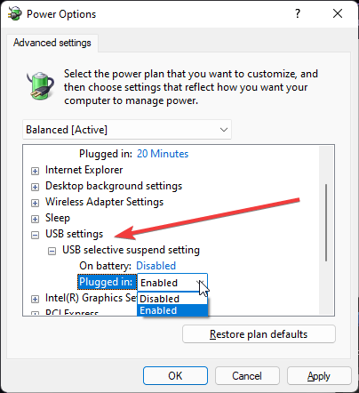 Adjust USB settings to fix Windows 11 not turning off display.