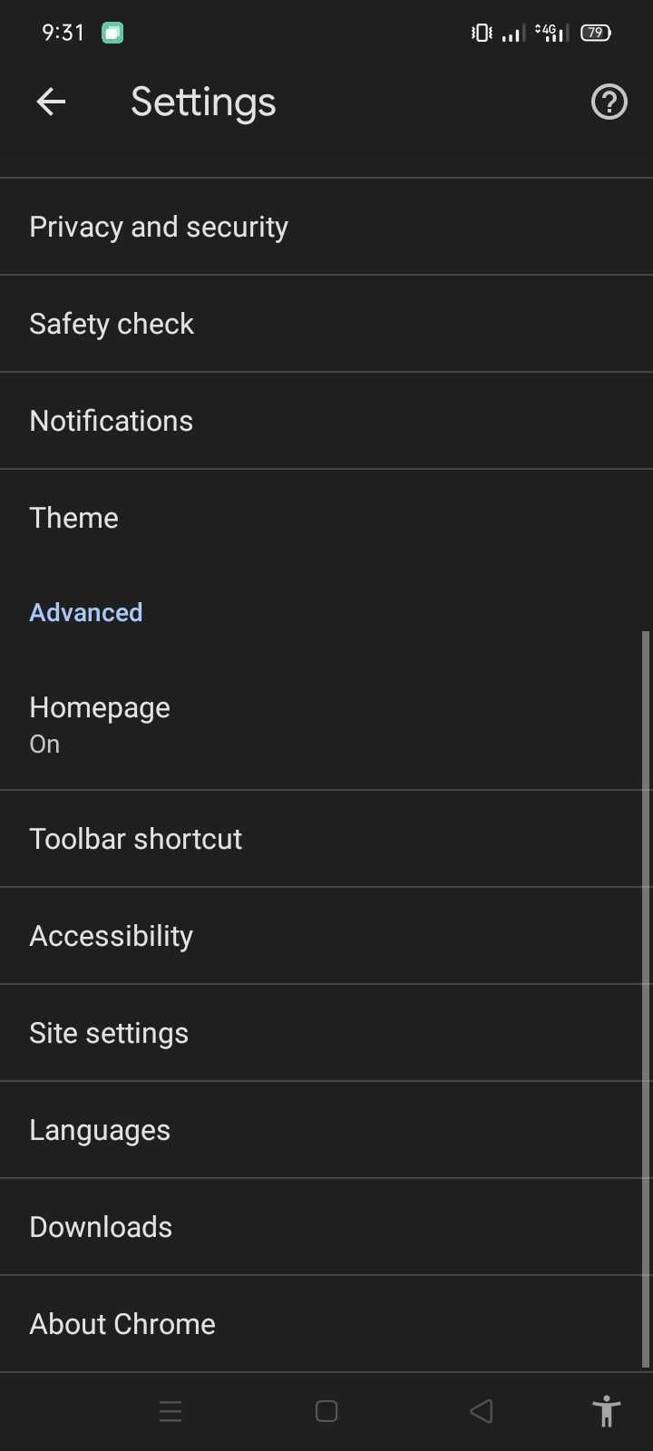 Открытие раздела языков в настройках Chrome на Android